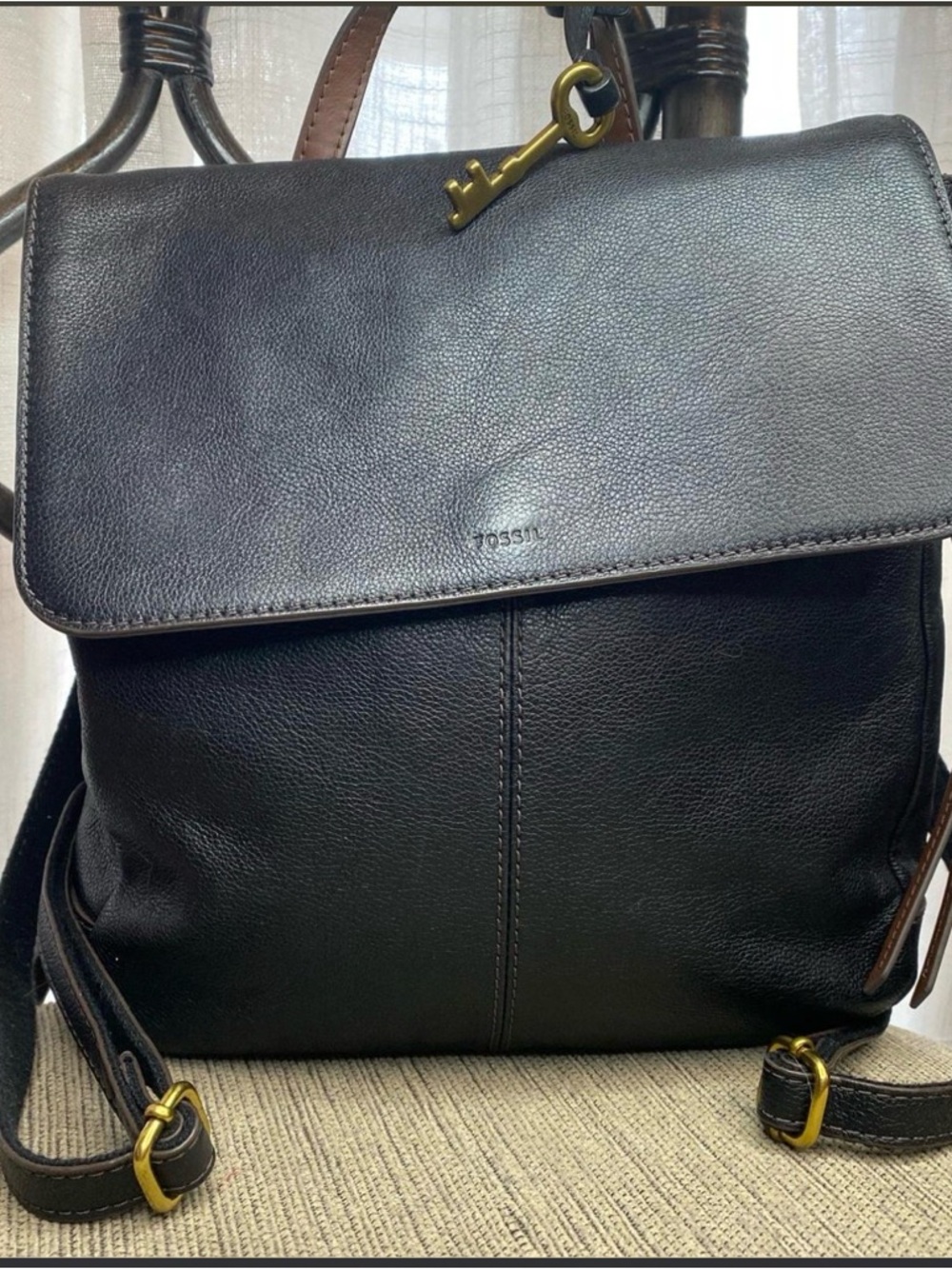 Fossil Black Leather Backpack with Brass Key Charm